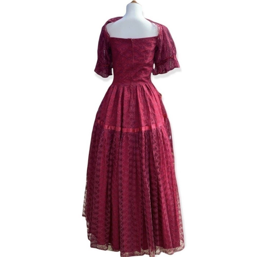 Vintage 70s 80s Crimson Lace Full Sweep Victorian Puff Sleeves Petticoat Gown S - Picture 7 of 17